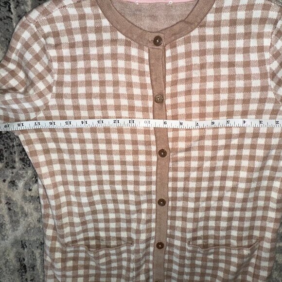Size SIsaac Mizrahi Live! Gingham Jacquard Button Front Cardigan Cappuccino M - Picture 8 of 10